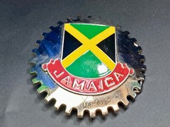 Jamaica Flag colors on Lg. silver color GEAR SHAPED SHIELD BELT BUCKLE ARTIFAKT
