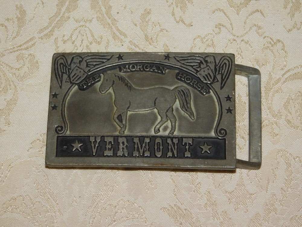 VINTAGE 3 1/2&Prime; WIDE VERMONT THE MORGAN HORSE PEWTER BELT BUCKLE