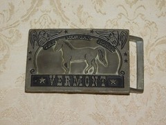 VINTAGE 3 1/2&Prime; WIDE VERMONT THE MORGAN HORSE PEWTER BELT BUCKLE