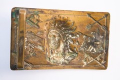 Antique 1940s Robbins Co Thoresen Native American Indian Chief Brass Belt Buckle