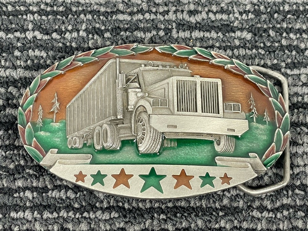 🔥 Vintage Silver Tone Metal Green Enamel Trucker Semi Western Belt Buckle 1982