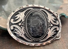 Western Black Vein Stone Belt Buckle Engraved Silver Oval Cowboy Style