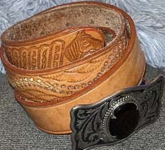 Black Agate Cabochon Stone Buckle & Leather Belt Silver Tone Accents Size 46