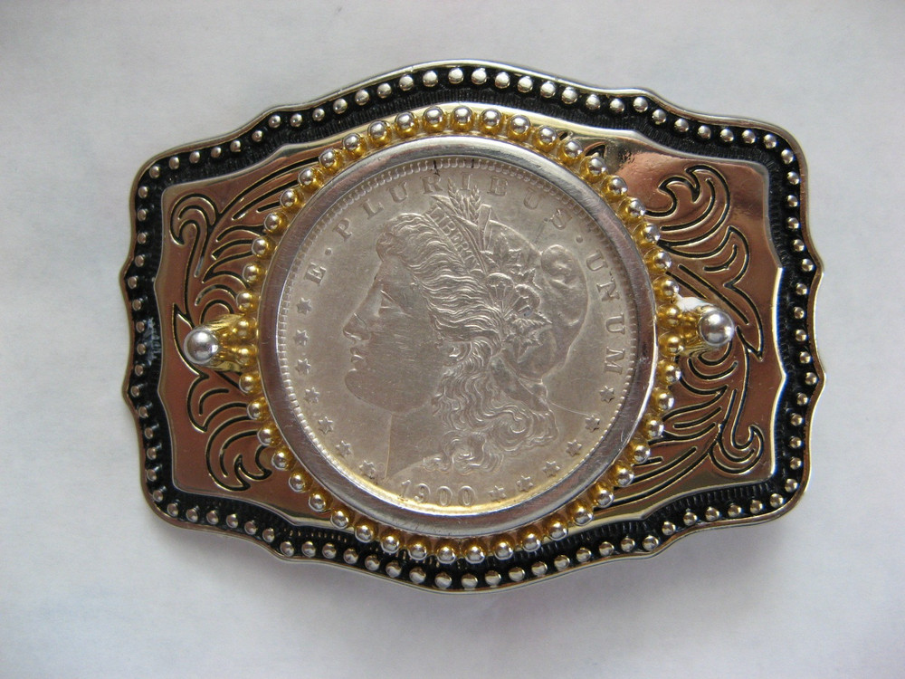 REDUCED $$$, 1900 Morgan Silver Dollar Belt Buckle Black, Gold, Silver Color