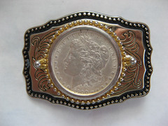 REDUCED $$$, 1900 Morgan Silver Dollar Belt Buckle Black, Gold, Silver Color