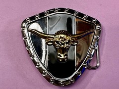 Long Horn Bull Steer Cow Black Stripe On Reflective Shield Pattern Belt Buckle