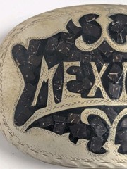 Vintage Mexico Alpaca Silver Mosaic Inlay Oval Belt Buckle Western Boho Unisex