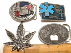 4 LOT BELT BELT BUCKLES GANJA, ELECTRICIAN, CORONA, EMT EMERGENCY TECHNICIAN
