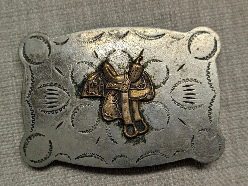 vintage JUSTIN belt buckle NICKEL SILVER equestrian SADDLE cowboy WESTERN rodeo