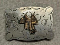 vintage JUSTIN belt buckle NICKEL SILVER equestrian SADDLE cowboy WESTERN rodeo