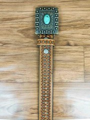 Paul Walter Antique Brass Concho Buckle with Turquoise Large (36-38), Brown