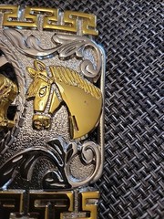 Unbranded Belt Buckle, Silver And Gold Tone Cowboy Kneeling Horse Cross