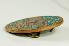 Bighorn Ram brass western belt buckle turquoise inlay vintage Harmony Metal