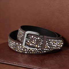 CHXRRPGC Rivet Studded Belt for Men, 40 (Fit Waist 37&Prime;-40&Prime;), Coffee-golden