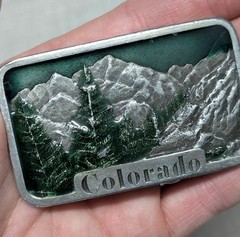 1970s vintage COLORADO belt buckle MOUNTAINS enamel WESTERN nature cowboy
