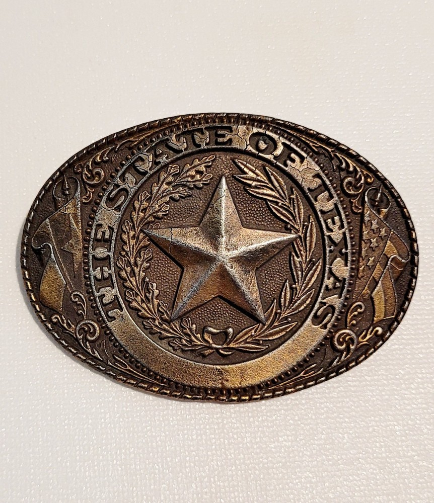 VTG 1981 THE STATE OF TEXAS BRASS BELT BUCKLE BY INSTYLE–3.5&Prime; X 2.5&Prime; OVAL SHAPE