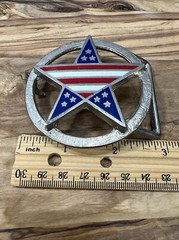 VTG Silver Tone Metal & Enamel Patriotic Flag Star Red White Blue Belt Buckle