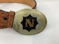Vintage Western Belt Buckle Monogram “N” Brass Oval SIZE 30