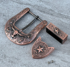 Western 3-Piece Belt Buckle Set Floral Engraved Silver Bronze Cowboy Rodeo Style