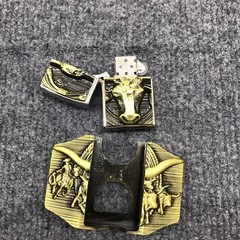 Antique Brushed Bull Head Cowboy Western Belt Buckle with Lighter, Stock in US