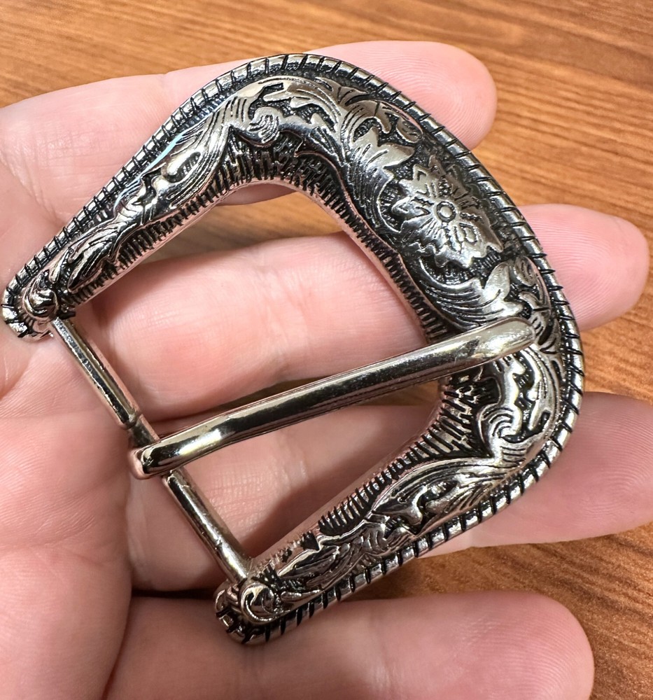 Western Cowboy Silver Flower Engraved Belt Pin Buckle Fits 1-1/2&Prime; Strap