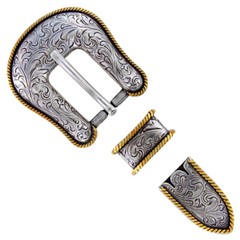 WESTERN ANTIQUE GOLD FLORAL ENGRAVED ROPE EDGE BELT BUCKLE SET fits 3/4&Prime; STRAP