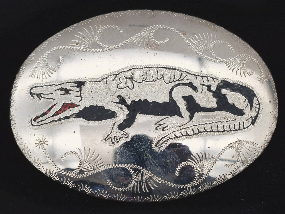 Alligator Handmade Stone Inlay German Silver Tooled Paisley Vintage Belt Buckle
