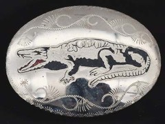 Alligator Handmade Stone Inlay German Silver Tooled Paisley Vintage Belt Buckle