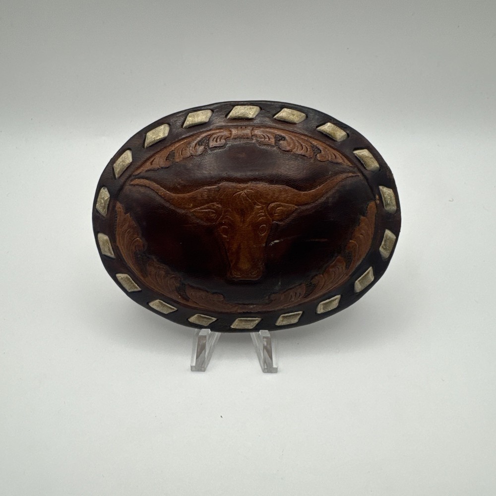 Vtg Texas Longhorn Belt Buckle Leather laced tooled 3 3/4&Prime; X 2 3/4&Prime; Western