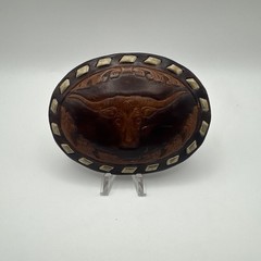 Vtg Texas Longhorn Belt Buckle Leather laced tooled 3 3/4&Prime; X 2 3/4&Prime; Western