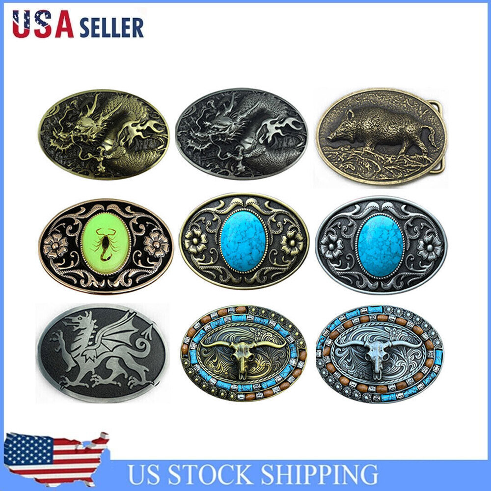 Western Mens Alloy Vintage Fashion Leather Belt Buckle Cowboy Pattern Metal Oval