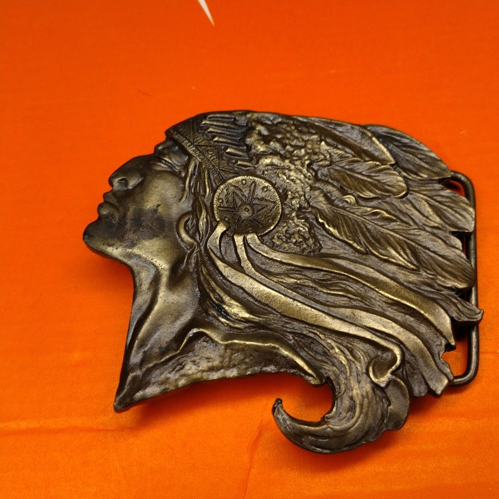 Vintage Native American Chief Headdress Brass Belt Buckle C-59 Western Boho