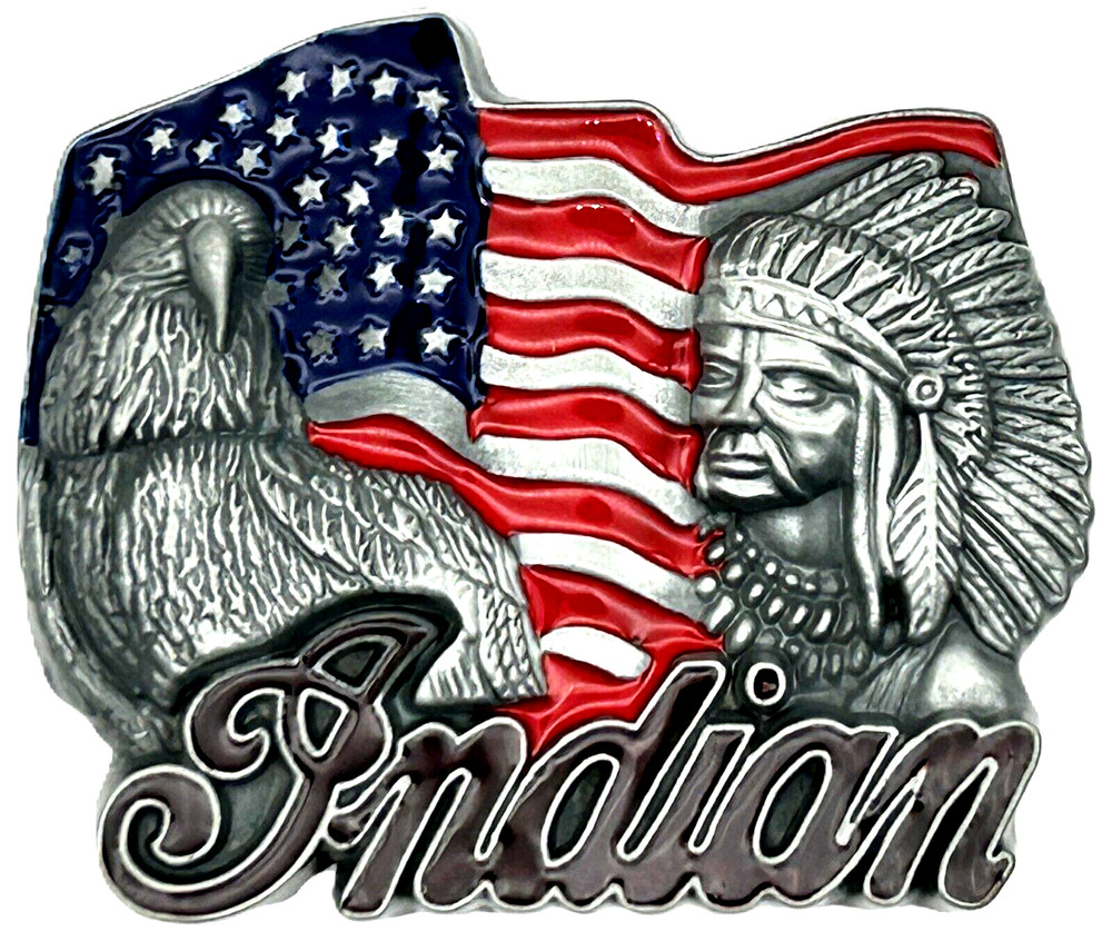 USA American Flag Eagle Indian Enameled Belt Buckle Motorcycle Patriotic New