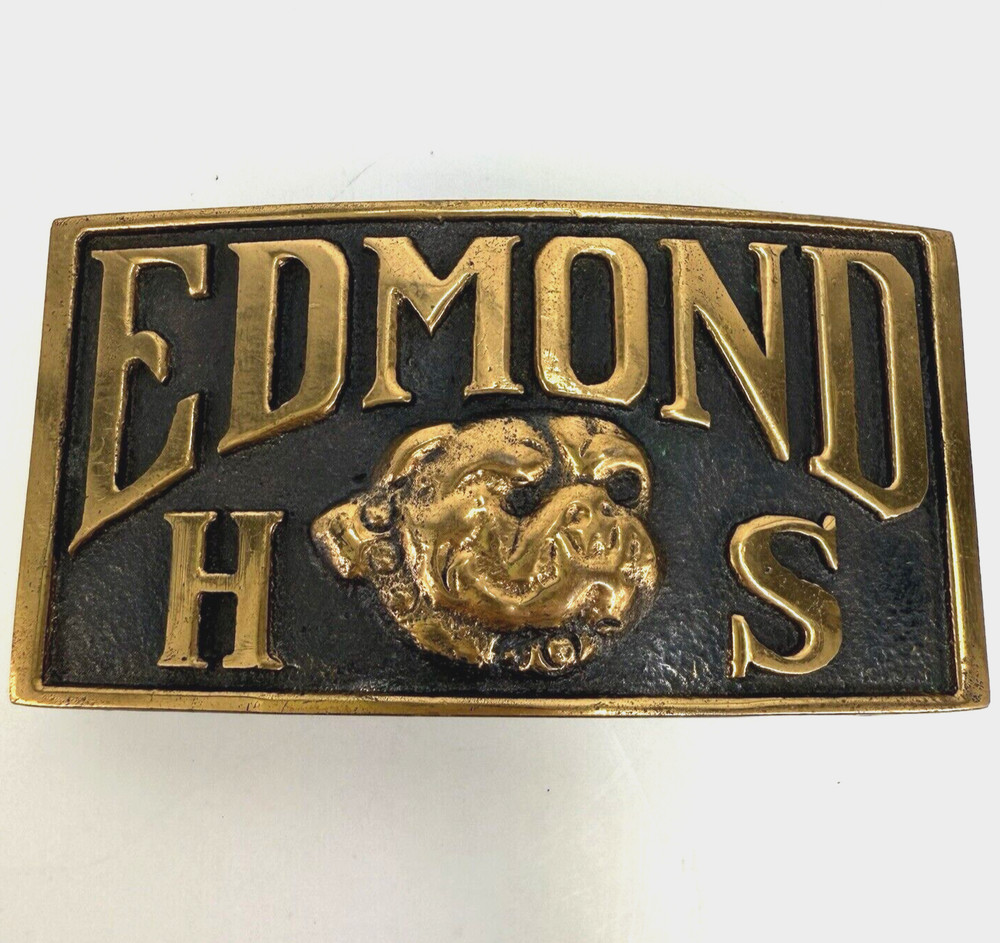 Edmond High School Oklahoma Belt Buckle Vintage Brass Bulldogs 3&Prime;x1.5&Prime;