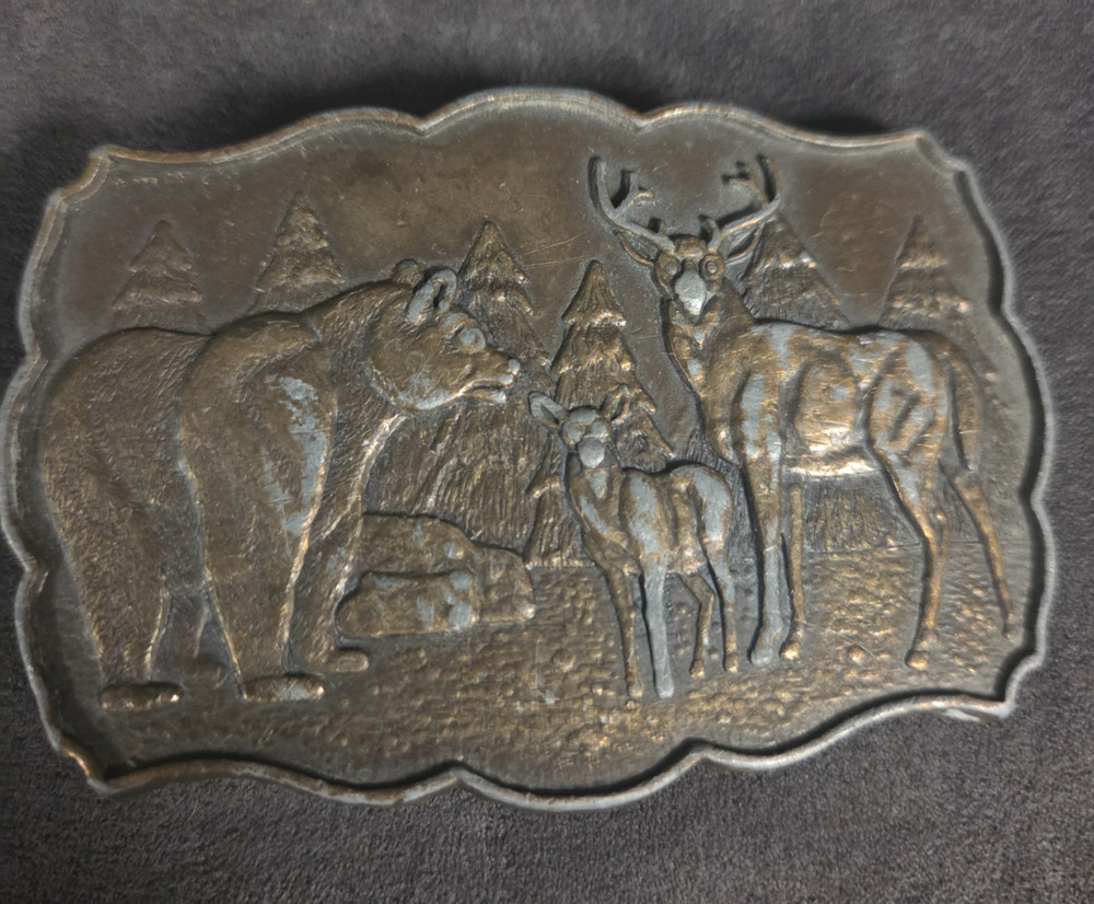 Vintage Bear Deer Forest Wildlife Belt Buckle Buck Doe Fawn Brass Tone 3.5&Prime;