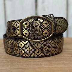 Genuine Laser Cut Leather San Judas Western Belt with Removable Buckle – Gold