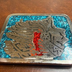 Vintage N.I. Native American Chief Belt Buckle Blue Crushed Glass Silver Tone