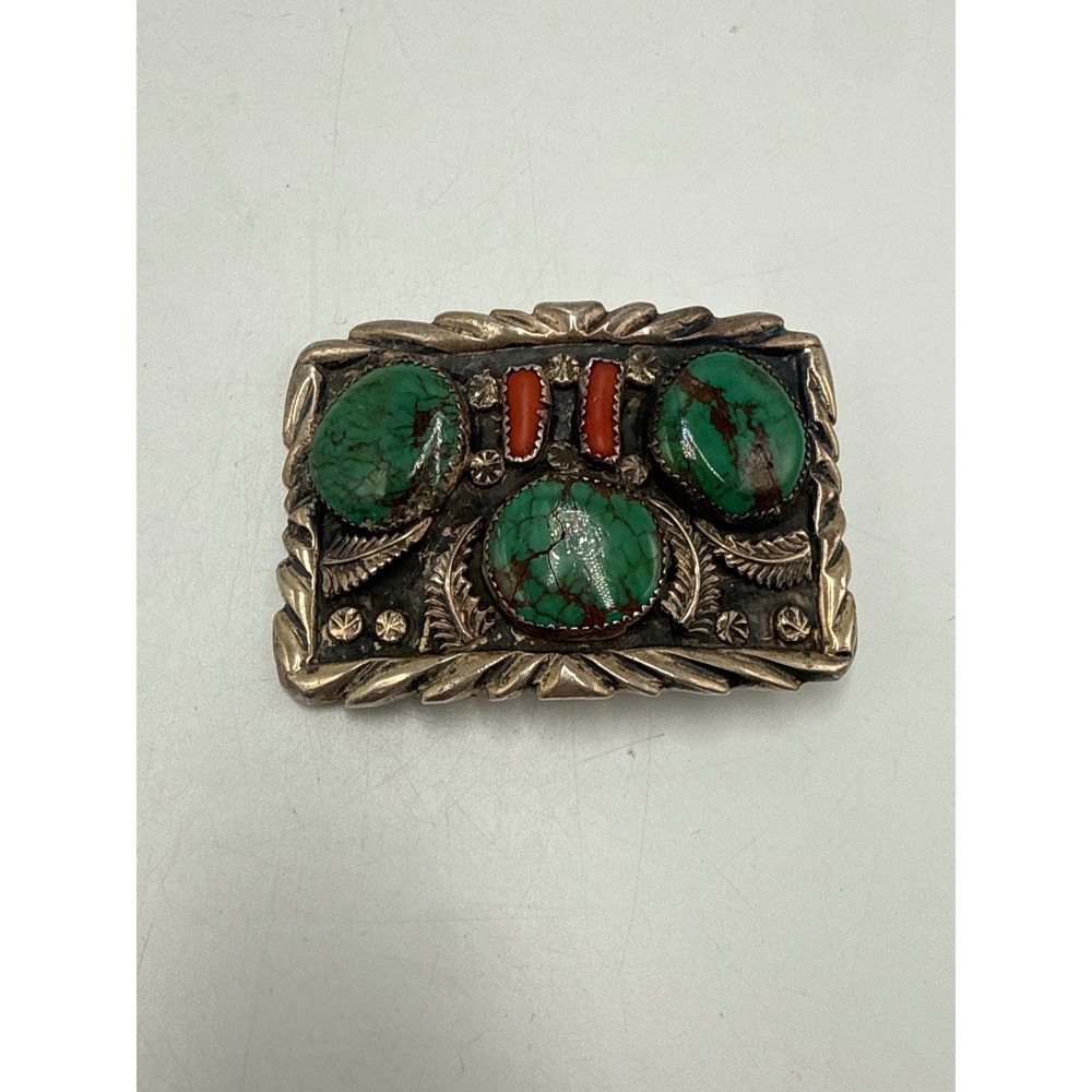 Vintage Sterling Silver Navajo Style Turquoise Coral Belt Buckle