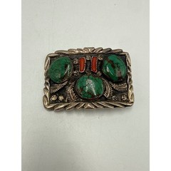Vintage Sterling Silver Navajo Style Turquoise Coral Belt Buckle