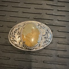 Womens Western Oval Belt Buckle Floral Engraved Brown Stone, Fits 1.5&Prime; Belt