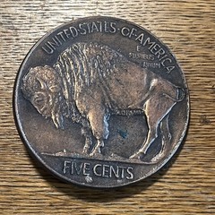 Lot of 2 VTG Buffalo 5 Cents Nickel Belt Buckle Silver Round USA 3&Prime; Diameter B13