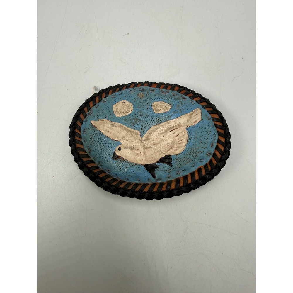 Vintage Hand Painted Leather Bird Belt Buckle Western Boho Braided Whipstitch