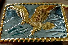 Belt Buckle Two-toned Gold Bald Eagle Over Silver Mountains 👀 NEW ✨️USA 🇺🇸