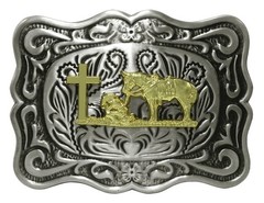 Belt Buckle With Religion Cross Cowboy Kneeling Prayer And Horse Design