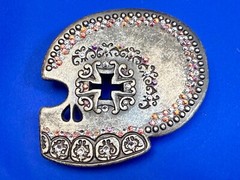 Skull Heads Cross with Rhinestone Accents Gothic Punk Biker ENMON Belt Buckle