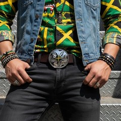 Men Women Silver Metal Fashion Belt Buckle Round Spinning Jamaica Flag Colors
