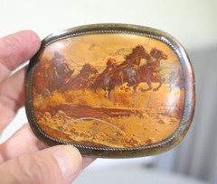 Vintage Brass & Enamel Pictorial Western Stagecoach Horses Belt Buckle 3.25&Prime; W