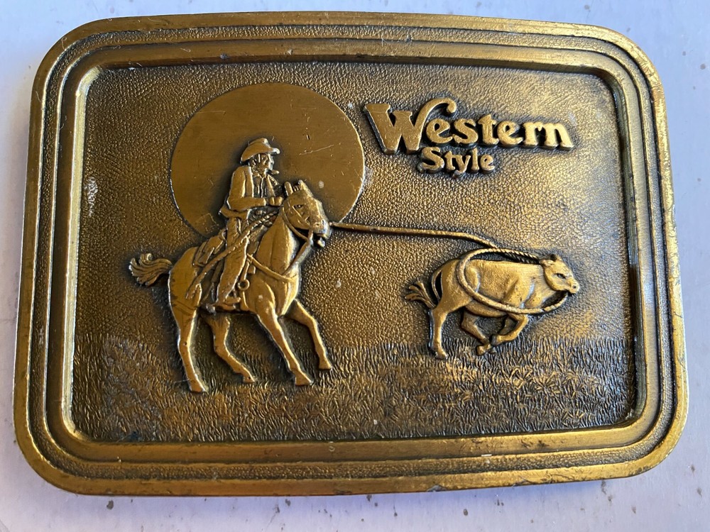 Western Style Brass Buckle with Cowboy on Horse Roping Calf
