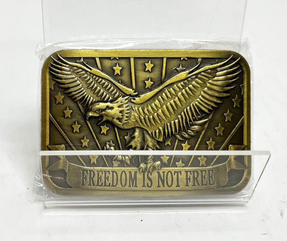 Eagle Freedom Is Not Free Patriot Sponsor Gold Tone Belt Buckle 3” x 2”