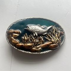 3D Oval Fish Scene Metal Western Belt Buckle Silver/Blue/Gold Fits 1.5 in Belt